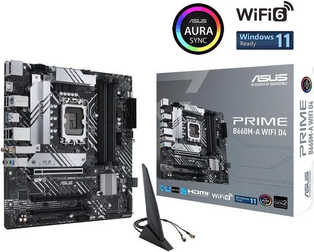 Main image of ASUS PRIME B660M-A WIFI D4 LGA 1700 (Intel 12th & 13th Gen) mATX Motherboard (PCIe 4.0, Intel Wi-Fi 6, DDR4, 2xM.2 slots, 1Gb LAN, DP, 2x HDMI, rear USB 3.2 Gen 2, front USB 3.2 Gen 1 Type-C)