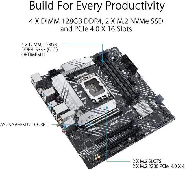 Alt view image 3 of 8 - ASUS PRIME B660M-A WIFI D4 LGA 1700 (Intel 12th & 13th Gen) mATX Motherboard (PCIe 4.0, Intel Wi-Fi 6, DDR4, 2xM.2 slots, 1Gb LAN, DP, 2x HDMI, rear USB 3.2 Gen 2, front USB 3.2 Gen 1 Type-C)