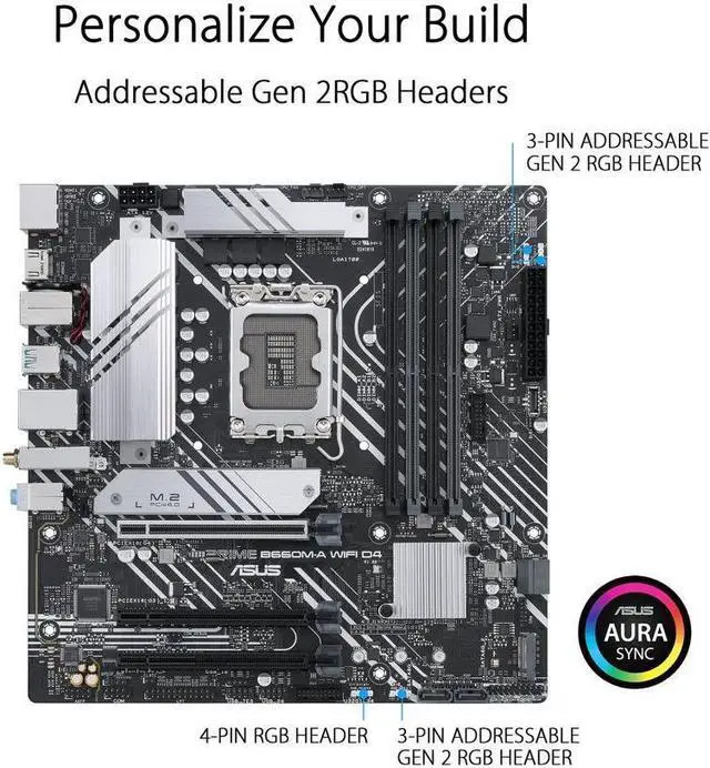 Alt view image 4 of 8 - ASUS PRIME B660M-A WIFI D4 LGA 1700 (Intel 12th & 13th Gen) mATX Motherboard (PCIe 4.0, Intel Wi-Fi 6, DDR4, 2xM.2 slots, 1Gb LAN, DP, 2x HDMI, rear USB 3.2 Gen 2, front USB 3.2 Gen 1 Type-C)