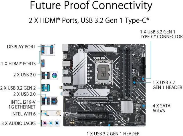 Alt view image 5 of 8 - ASUS PRIME B660M-A WIFI D4 LGA 1700 (Intel 12th & 13th Gen) mATX Motherboard (PCIe 4.0, Intel Wi-Fi 6, DDR4, 2xM.2 slots, 1Gb LAN, DP, 2x HDMI, rear USB 3.2 Gen 2, front USB 3.2 Gen 1 Type-C)