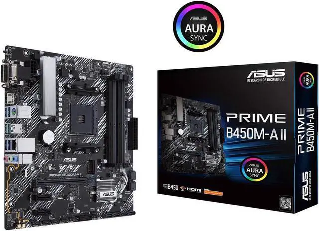 Main image of ASUS Prime B450M-A II AMD AM4 (Ryzen 5000, 3rd/2nd/1st Gen Ryzen Micro ATX Motherboard (128GB DDR4, 4400 O.C.), NVMe, HDMI 2.0b/DVI/D-Sub, USB 3.2 Gen 2, BIOS Flashback, and Aura Sync)