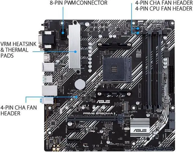 Alt view image 2 of 5 - ASUS Prime B450M-A II AMD AM4 (Ryzen 5000, 3rd/2nd/1st Gen Ryzen Micro ATX Motherboard (128GB DDR4, 4400 O.C.), NVMe, HDMI 2.0b/DVI/D-Sub, USB 3.2 Gen 2, BIOS Flashback, and Aura Sync)