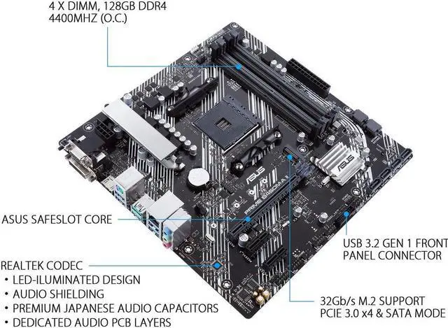 Alt view image 3 of 5 - ASUS Prime B450M-A II AMD AM4 (Ryzen 5000, 3rd/2nd/1st Gen Ryzen Micro ATX Motherboard (128GB DDR4, 4400 O.C.), NVMe, HDMI 2.0b/DVI/D-Sub, USB 3.2 Gen 2, BIOS Flashback, and Aura Sync)