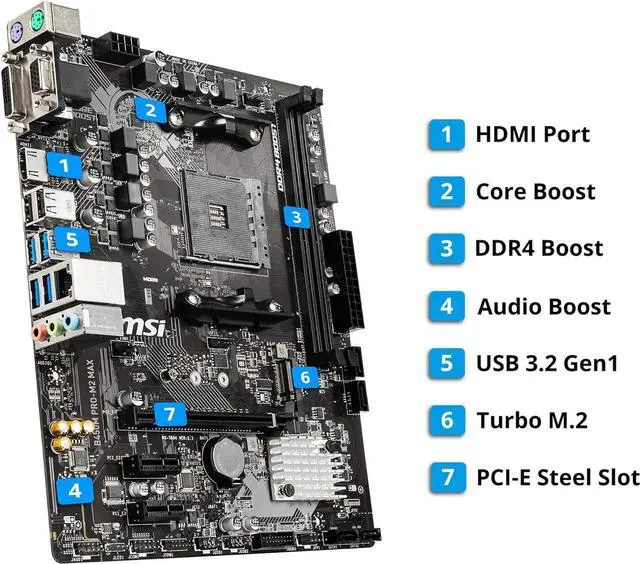 Alt view image 4 of 9 - MSI B450M PRO-M2 MAX AM4 AMD B450 USB3.2 Gen1 MicroATX Motherboard
