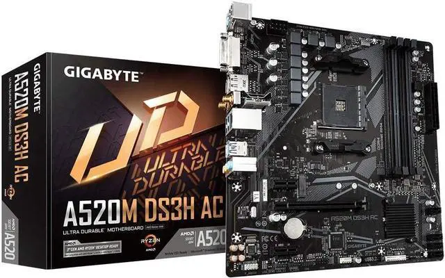 Main image of GIGABYTE A520M DS3H AC AM4 AMD 520 ATX Motherboard with Single M.2, SATA 6Gb/s, USB 3.2 Gen 1, WIFI 802.11a, Realtek GbE LAN