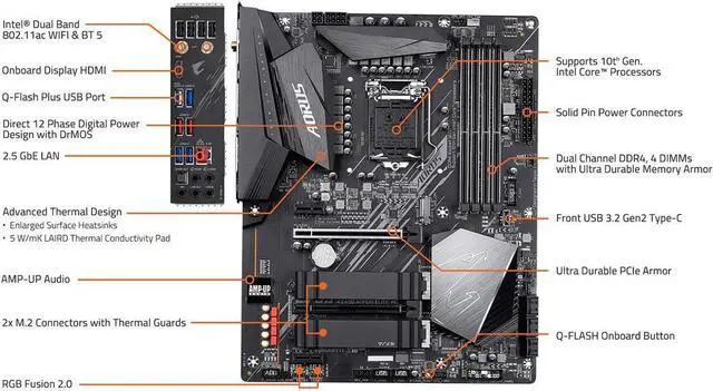 Alt view image 7 of 7 - GIGABYTE Z490 AORUS ELITE AC LGA 1200 Intel Z490 ATX Motherboard Dual M.2 SATA 6Gb/s USB 3.2 Gen 2 Intel 802.11ac 2.5 GbE LAN