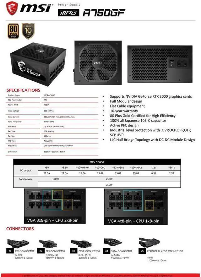 Alt view image 4 of 4 - MSI MPG A750GF, 80 GOLD Full Modular Gaming PSU, Japanese Electrolytic capacitor, 750W ATX Power Supply