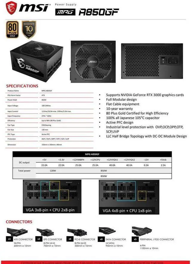 Alt view image 4 of 4 - MSI - MPG A850GF PCIE 5.0, 80 GOLD Full Modular Gaming PSU, Japanese Electrolytic capacitor, 850W ATX Power Supply