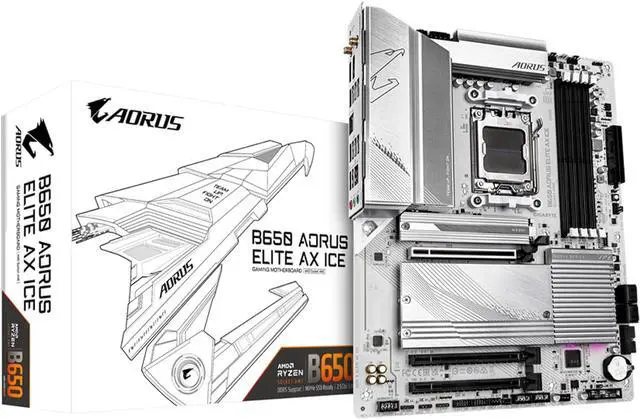 Main image of GIGABYTE B650 AORUS ELITE AX ICE AM5 LGA 1718 AMD B650 ATX Motherboard, DDR5, Triple M.2, PCIe 5.0, USB 3.2 Gen2X2 Type-C, WiFi 6E, 2.5GbE LAN, Snow White, EZ-Latch