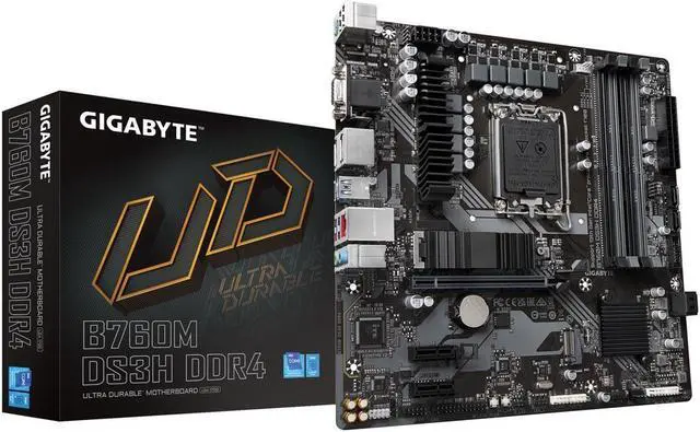 Main image of GIGABYTE B760M DS3H DDR4 LGA 1700 Intel B760 M-ATX Motherboard with DDR4, Dual M.2, PCIe 4.0, USB 3.2 Gen 2 Type-C,  2.5GbE LAN, Q-Flash Plus, PCIe EZ-Latch