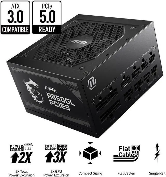 Main image of MSI - MAG A850GL PCIE 5.0, 80 GOLD Fully Modular Gaming PSU, 12VHPWR Cable, ATX 3.0 Compatible, 850W Power Supply