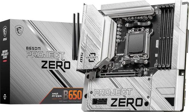 Main image of MSI B650M PROJECT ZERO AM5 AMD B650 Ryzen 7000 SATA DDR5 PCI-E x16 slot 2x M.2 Wi-Fi 6E Bluetooth 6Gb/s mATX Back Connect Design Motherboard