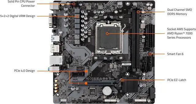 Alt view image 5 of 5 - GIGABYTE A620M S2H AM5 LGA 1718 AMD A620 M-ATX Motherboard, DDR5, Single M.2, PCIe 4.0, USB 3.2 Gen1, Realtek 1GbE LAN, Q-Flash Plus, PCIe EZ-Latch