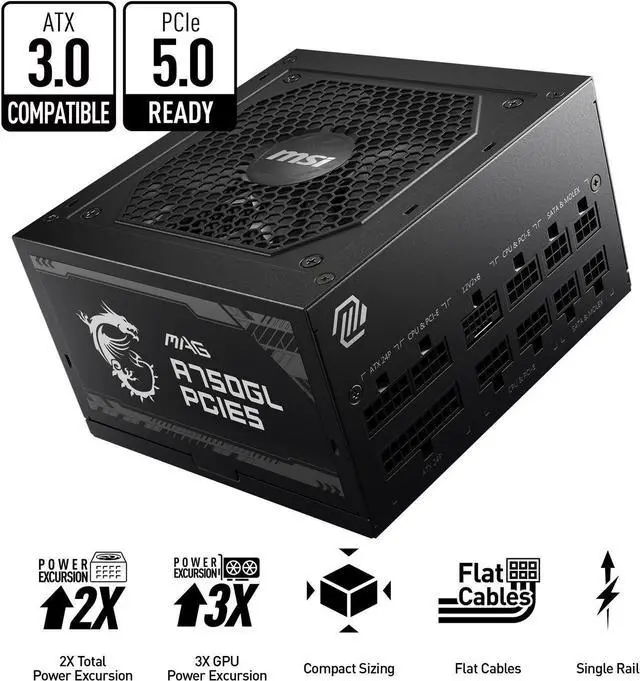 Alt view image 2 of 8 - MSI - MAG A750GL PCIE 5.0, 80 GOLD Fully Modular Gaming PSU, 12VHPWR Cable, ATX 3.0 Compatible, 750W Power Supply, 10 Year Warranty
