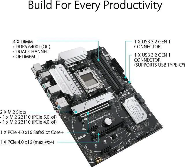 Alt view image 4 of 5 - ASUS PRIME B650-PLUS AMD B650 AM5 Ryzen Desktop 9000 8000 and 7000 ATX motherboard, DDR5, PCIe 5.0 M.2, 2.5Gb LAN, DP, HDMI®, SATA 6Gbps, USB 3.2 Gen 2 & 1 Type-C®, BIOS FlashBack, USB4® support