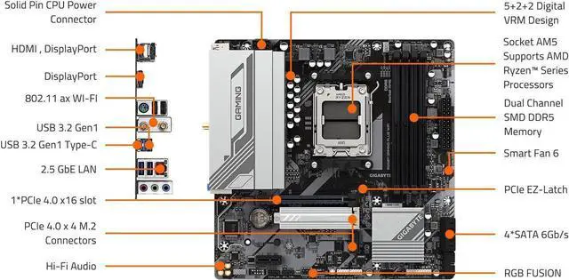 Alt view image 5 of 8 - GIGABYTE B650M GAMING PLUS WIFI AM5 LGA 1718 AMD B650 M-ATX, DDR5, PCIe 4.0 M.2, PCIe 4.0, USB 3.2 Gen 1 Type-C, Wi-Fi 6E, 2.5GbE LAN