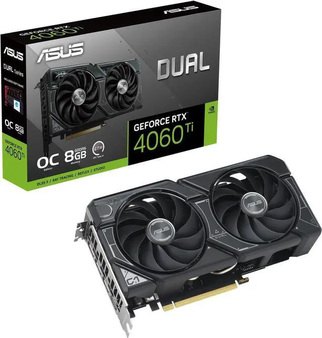 Main image of ASUS Dual GeForce RTX 4060 Ti OC Edition 8GB GDDR6 (PCIe 4.0, 8GB GDDR6, DLSS 3, HDMI 2.1, DisplayPort 1.4a, Axial-tech fan design, 0dB technology) DUAL-RTX4060TI-O8G