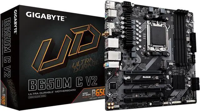 Main image of GIGABYTE B650M C V2 AM5 LGA 1718 AMD B650 M-ATX Motherboard, DDR5, PCIe 4.0 M.2, PCIe 4.0, USB 3.2 Gen1 Type-C, 1GbE LAN