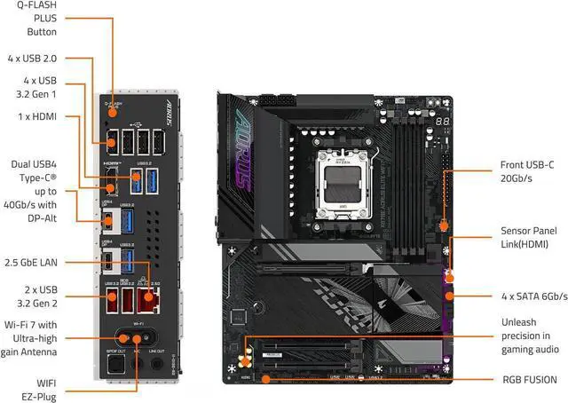 Alt view image 5 of 8 - GIGABYTE X870E AORUS ELITE WIFI7 AM5 LGA 1718, ATX, DDR5, 4x M.2, PCIe 5.0, USB4, Wi-Fi 7, 2.5GbE LAN, EZ-Latch