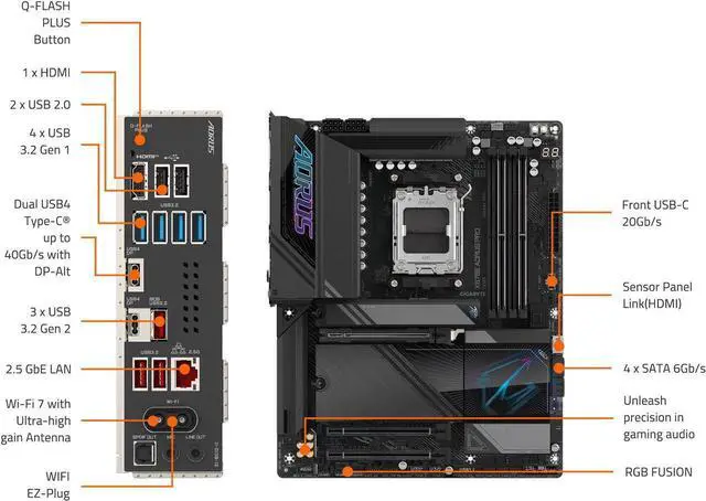 Alt view image 5 of 8 - GIGABYTE X870E AORUS PRO AM5 LGA 1718, ATX, DDR5, 4x M.2, PCIe 5.0, USB4, Wi-Fi 7, 2.5GbE LAN, EZ-Latch