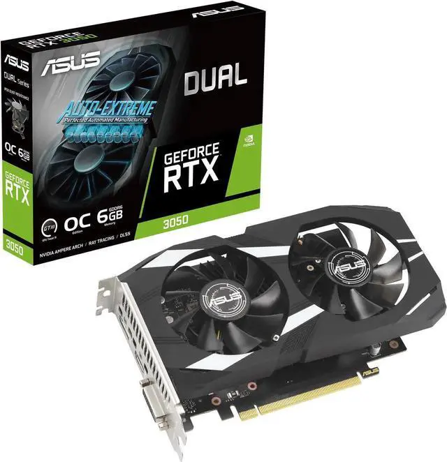 Main image of ASUS Dual NVIDIA GeForce RTX 3050 6GB OC Edition Gaming Graphics Card - PCIe 4.0, 6GB GDDR6 Memory, HDMI 2.1, DisplayPort 1.4a, 2-slot Design, Axial-tech Fan Design, 0dB Technology, DUAL-RTX3050-O6G