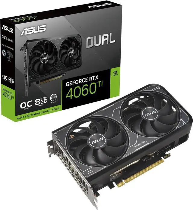 Main image of ASUS Dual GeForce RTX 4060 Ti V2 OC Edition  (PCIe 4.0, 8GB GDDR6, DLSS 3, HDMI 2.1a, DisplayPort 1.4a, 2-slot design, Axial-tech fan design, 0dB technology) DUAL-RTX4060TI-O8G-V2