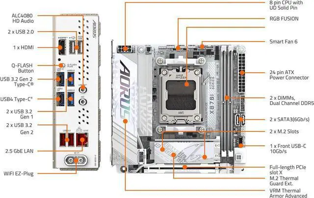 Alt view image 5 of 8 - GIGABYTE X870I AORUS PRO ICE AMD AM5 LGA 1718 Motherboard, Mini-ITX, DDR5, 2x M.2, PCIe 5.0, USB-C, WIFI7, 2.5GbE LAN, EZ-Latch