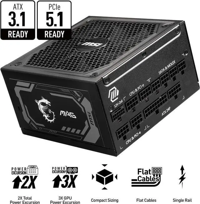 Alt view image 2 of 6 - MSI - MAG A1250GL PCIE 5, 80 GOLD Fully Modular Gaming PSU, 12V-2×6 Cable, ATX 3.1 & PCIE 5.1 Ready, 1250W Power Supply