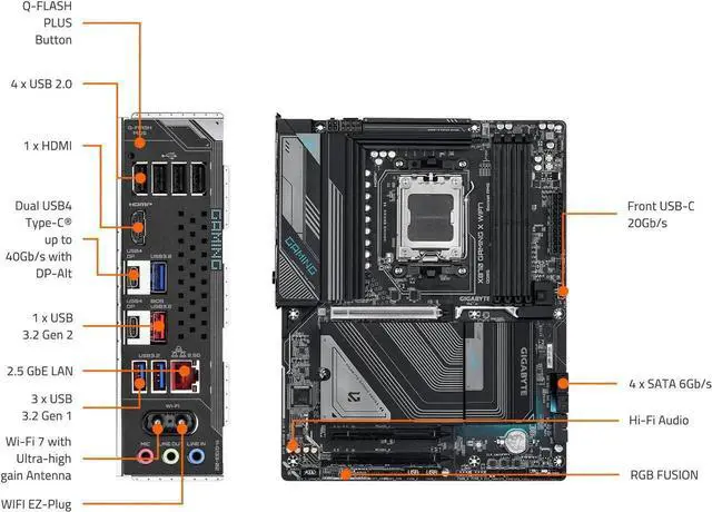 Alt view image 5 of 5 - GIGABYTE X870 GAMING X WIFI7 AM5 LGA 1718, ATX, DDR5, 4x M.2, PCIe 5.0, USB4, Wi-Fi 7, 2.5GbE LAN, EZ-Latch