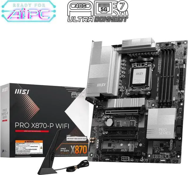 Main image of MSI PRO X870-P WiFi ProSeries Motherboard (AMD Ryzen 9000/8000/7000 Series Processors, AM5, DDR5, PCIe 5.0, M.2 Gen5, SATA 6Gb/s, USB 40Gbps, HDMI/DP, Wi-Fi 7, Bluetooth 5.4, 5Gbps LAN, ATX)