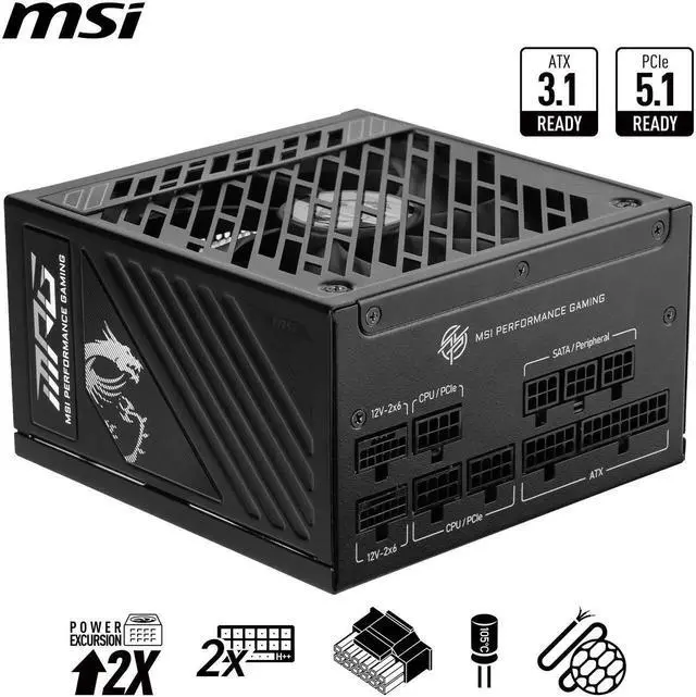Alt view image 2 of 5 - MSI MPG A850GS PCIE5, Fully Modular Gaming 850W Power Supply, 80+ Gold, Dual 12V-2x6 Cables, Server-grade Capacitor, ATX 3.1 & PCIe 5.1 Ready, Low-Noise, Semi Digital