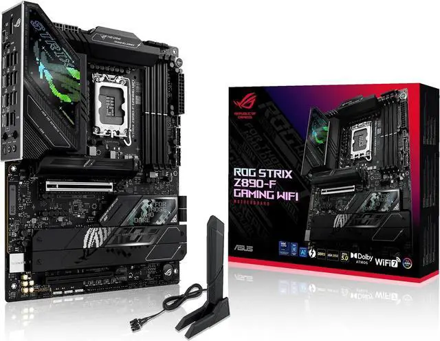 Main image of ASUS ROG STRIX Z890-F GAMING WIFI Intel Z890 LGA 1851 ATX motherboard, DDR5 slots, DIMM Flex, AEMP III, WiFi 7, 5×M.2 slots,NPU Boost, ASUS AI Advisor, AI Overclocking, AI Cooling II, Polymo Lighting