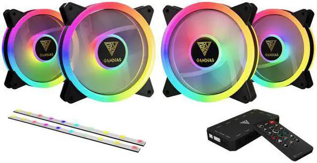 Main image of GAMDIAS AEOLUS M2-1204R ELITE 120MM RGB Fans, 2 LED strips and 4 Fans with Remote Controller, PWM temp. sensor.