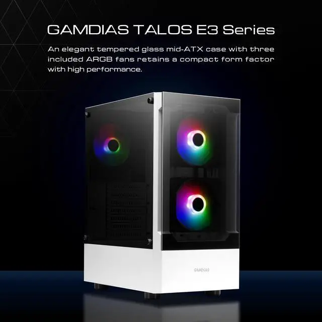 Alt view image 2 of 8 - Gamdias TALOS E3 WHITE, Tempered glass, 3x 120mm ARGB fans 5v-3pin sync