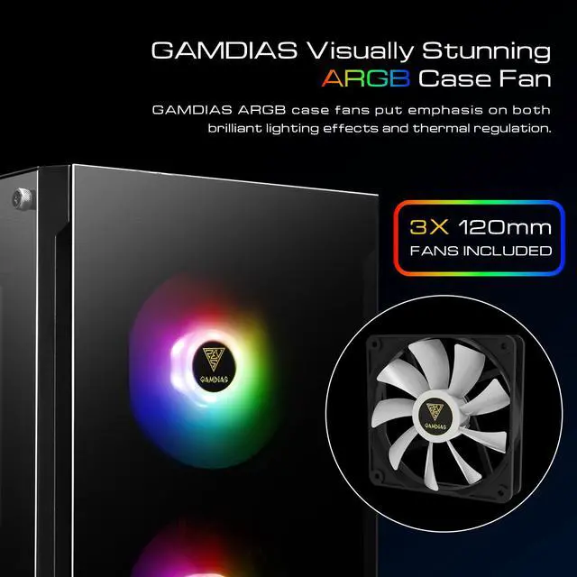 Alt view image 4 of 7 - Gamdias TALOS E3, Tempered glass, 3x 120mm ARGB fans 5v-3pin sync
