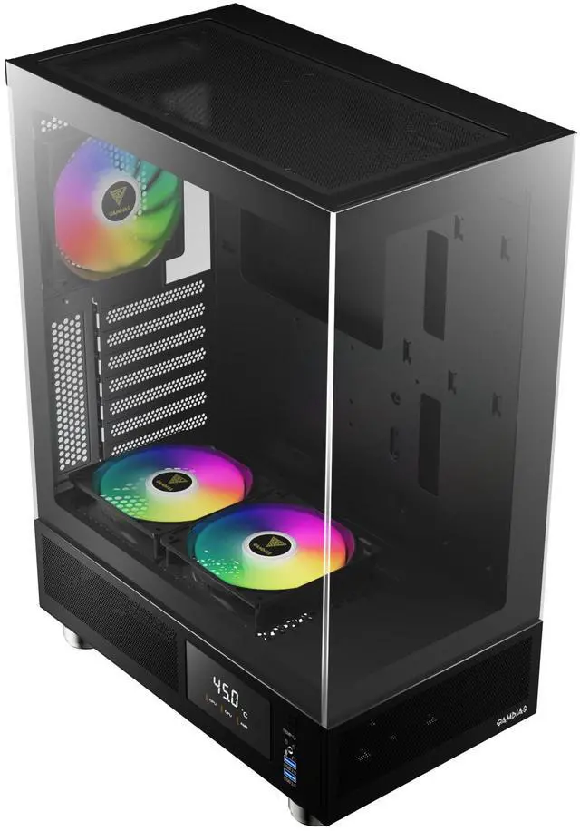 Alt view image 3 of 7 - Gamdias ATLAS E1, CPU GPU temp screen, tank with mesh air flow, 3x ARGB 120mm fans, RGB 5v 3pin sync, tempered glass, ATX, MATX, ITX