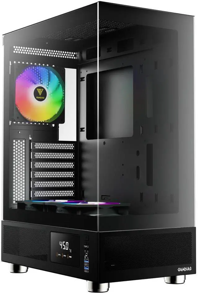 Main image of Gamdias ATLAS E1, CPU GPU temp screen, tank with mesh air flow, 3x ARGB 120mm fans, RGB 5v 3pin sync, tempered glass, ATX, MATX, ITX