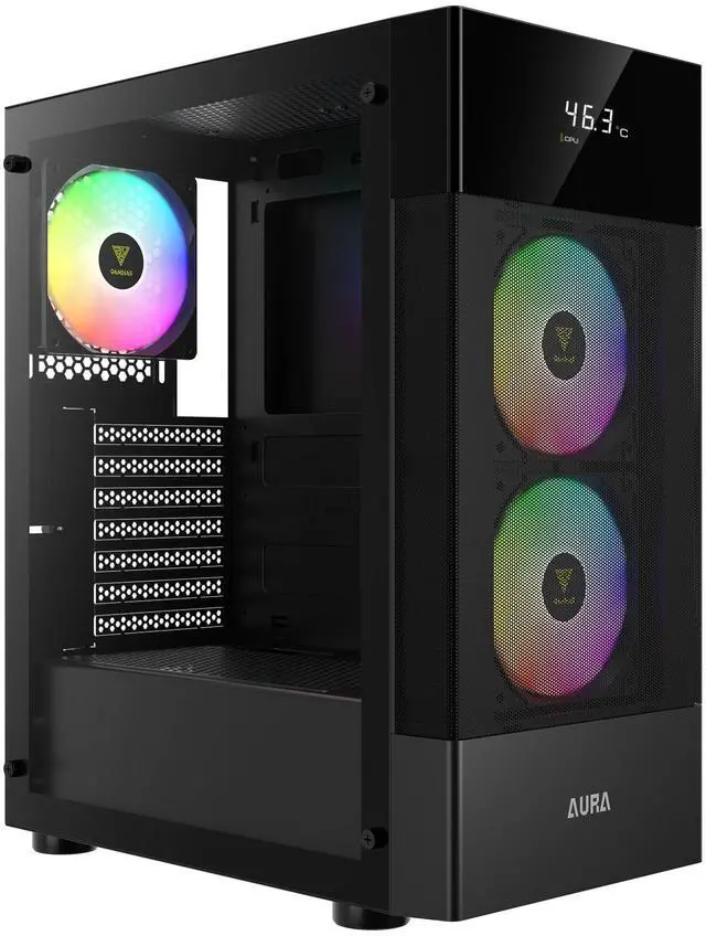 Main image of Gamdias AURA GC5, CPU GPU temp display, mesh high air flow, 2 front and 1 rear static RGB 120mm fans, tempered glass side-panel, USB 3.0, ATX.