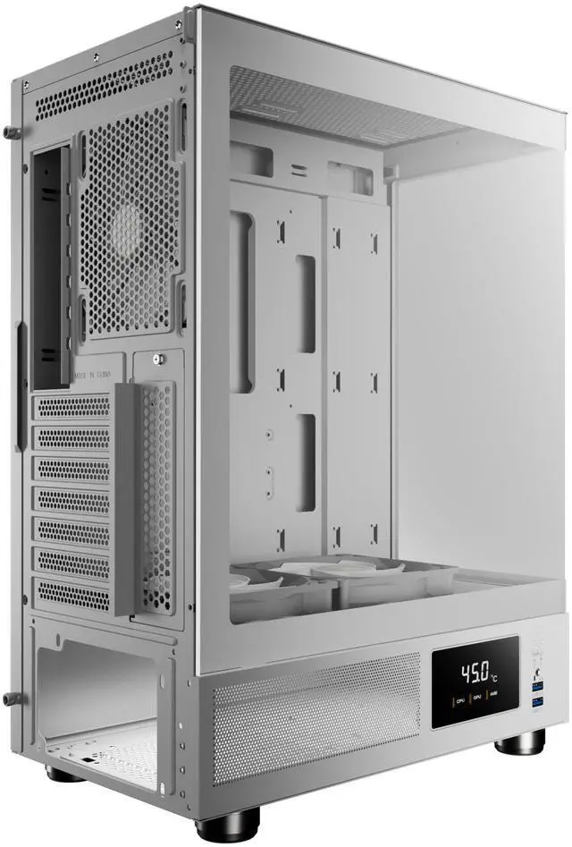Alt view image 3 of 5 - Gamdias ATLAS E1 WHITE, CPU GPU temp screen, tank with mesh air flow, 3x ARGB 120mm fans, RGB 5v 3pin sync, tempered glass, ATX, MATX, ITX