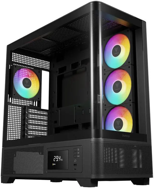 Main image of Gamdias ATLAS P2 CG, CPU GPU temp screen, curved tank style with mesh air flow, 4x ARGB 120mm fans, RGB 5v 3pin sync, 1 piece curved tempered glass, ATX, MATX, ITX.