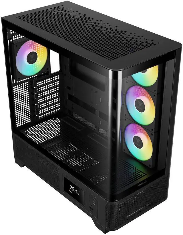 Alt view image 2 of 7 - Gamdias ATLAS P2 CG, CPU GPU temp screen, curved tank style with mesh air flow, 4x ARGB 120mm fans, RGB 5v 3pin sync, 1 piece curved tempered glass, ATX, MATX, ITX.