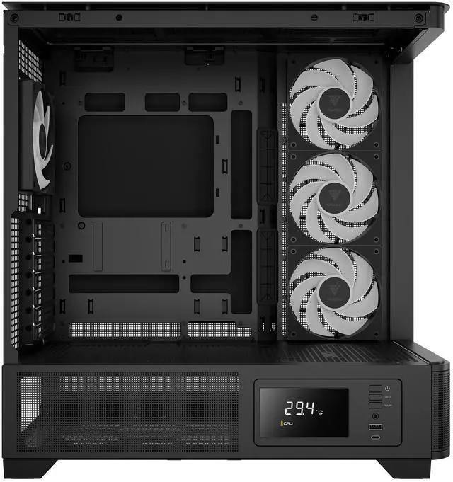 Alt view image 4 of 7 - Gamdias ATLAS P2 CG, CPU GPU temp screen, curved tank style with mesh air flow, 4x ARGB 120mm fans, RGB 5v 3pin sync, 1 piece curved tempered glass, ATX, MATX, ITX.