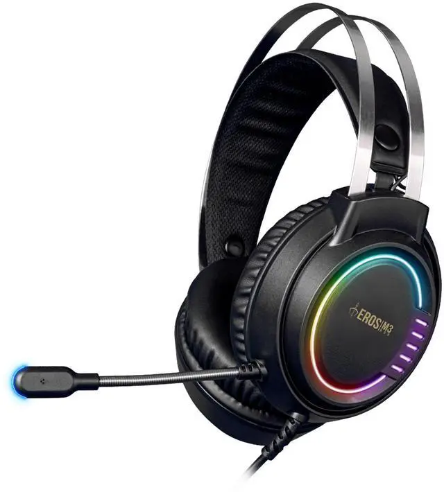 Main image of EROS M3 headset, 50mm Speakers, RGB lighting effects, Omnidirectional Microphone, 
 USB (type-A) cable 70 inches length, Weight 0.68 lbs.