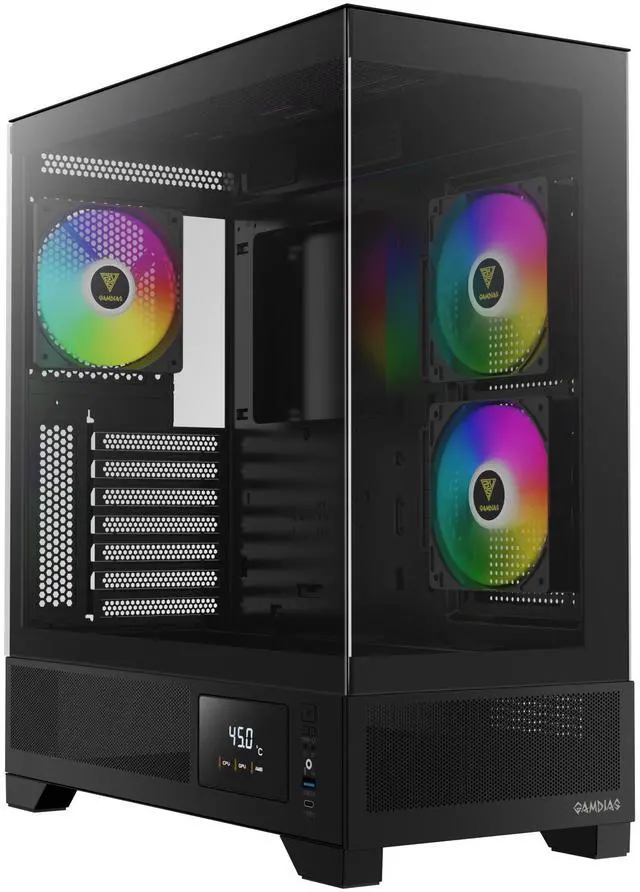 Alt view image 8 of 14 - Gamdias ATLAS M1 CPU/GPU Temperature Display, ATX Tempered Glass PC Case, Built-in 3X 120mm ARGB PWM Fans, fits: GPU 410mm, and 360mm AIO/Radiator
