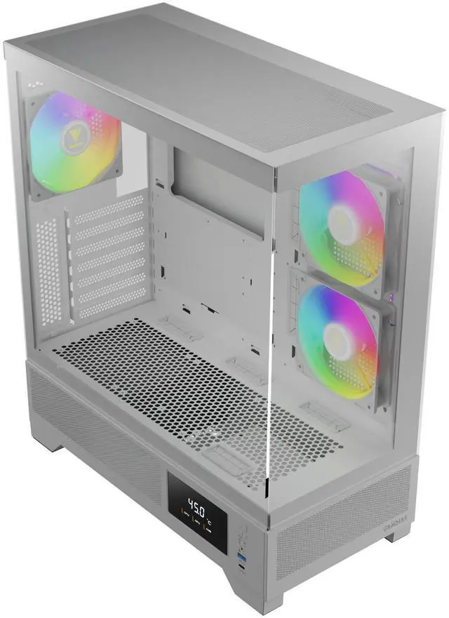 Alt view image 2 of 7 - Gamdias ATLAS M1 White CPU/GPU Temperature Display, ATX Tempered Glass PC Case, Built-in 3X 120mm ARGB PWM Fans, fits: GPU 410mm, and 360mm AIO/Radiator