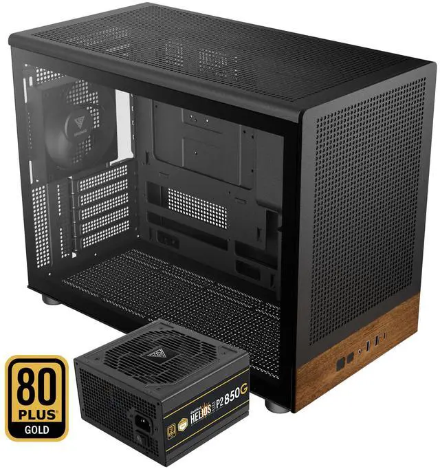 Main image of Gamdias ATHENA M4M WOOD, with ATX 3.1 850W 80+ GOLD PSU 5yr warranty, mini ITX, mATX, micro mesh small form factor PC case, 3 PWM fans (Airflow up to 57.56 CFM), fits: 395mm GPU and 360mm radiators.