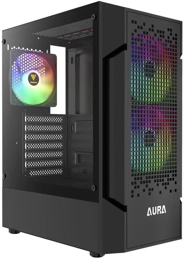 Main image of Gamdias AURA GC7 ARGB, pixel mesh with 3 ARGB 120mm fans with 5v 3pin sync, tempered glass side-panel, USB 3.0, ATX, slim 188mm wide.