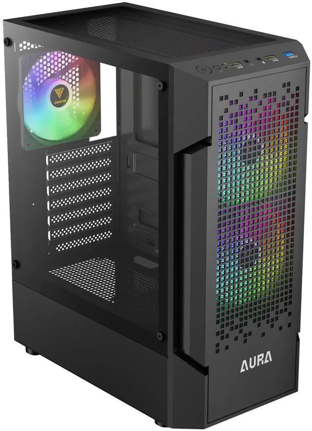Alt view image 2 of 7 - Gamdias AURA GC7 ARGB, pixel mesh with 3 ARGB 120mm fans with 5v 3pin sync, tempered glass side-panel, USB 3.0, ATX, slim 188mm wide.