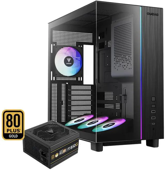 Main image of Gamdias ATLAS M4, ATX pc case with 850W GOLD power supply, 4x120mm PWM ARGB fans, adjustable angle lower fan mount, Front-Mounted PSU Design