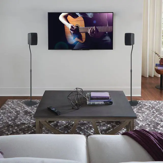 Alt view image 6 of 6 - Sanus Adjustable Height Speaker Stand - Extends 28" to 38" - Holds Satellite & small Bookshelf Speakers (i.e. Bose, Harmon Kardon, Polk, JBL, KEF, Klipsch, Sony and others) - Set of 2 - Model: HTBS